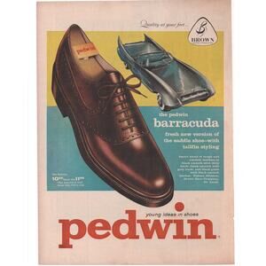 Pedwin  Barracuda Shoes Magazine Advertisement 1958 Vintage Mens Fashion Car